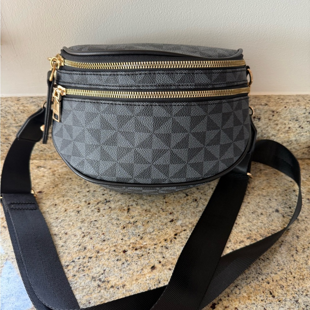 Black Geometric Crossbody Bag with Gold Accents